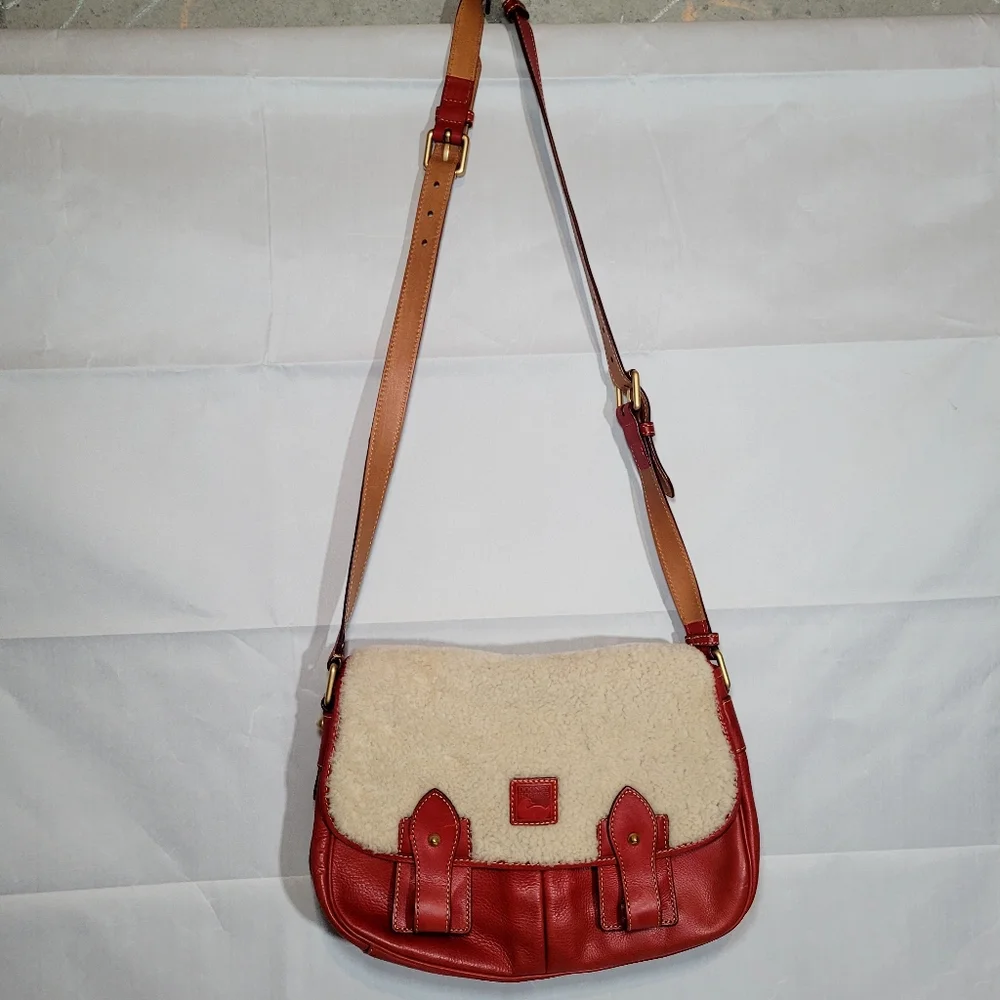 Dooney & Bourke Red Florentine Ivory Sherpa  Crossbody Shoulder Saddle Bag